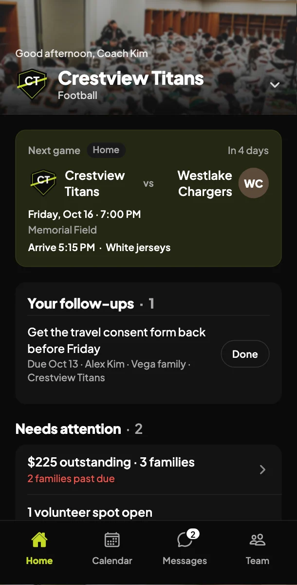 The coach's home screen
