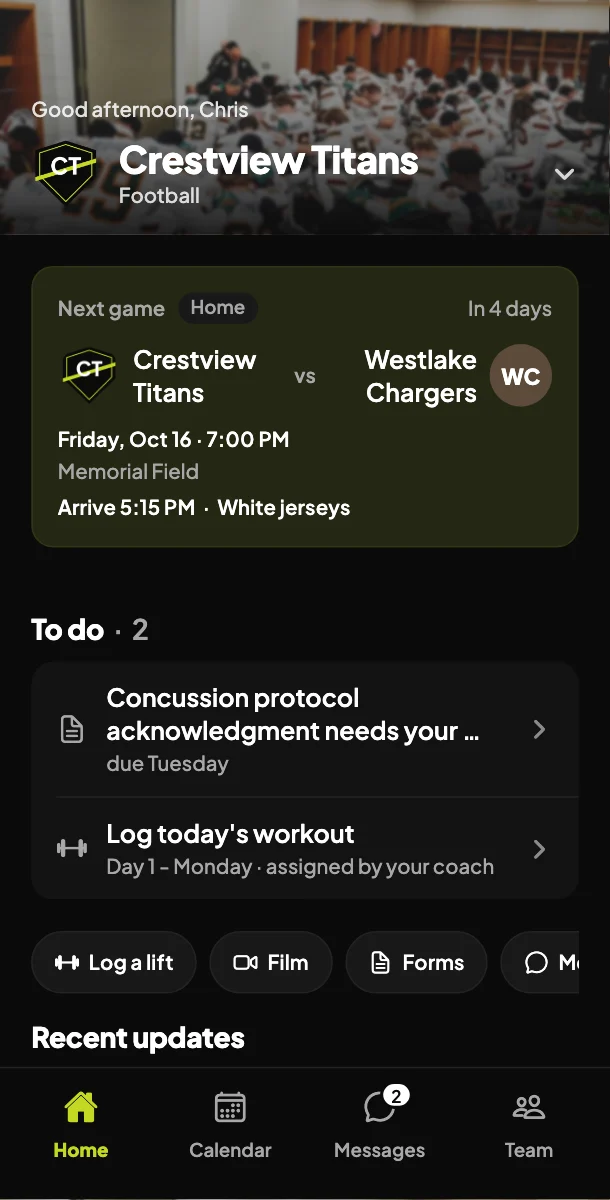 A player's home screen